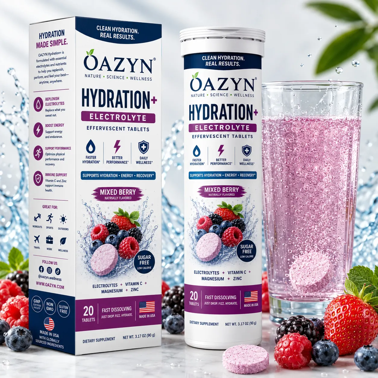 OAZYN Electrolyte Hydration effervescent tube, Strawberry Watermelon