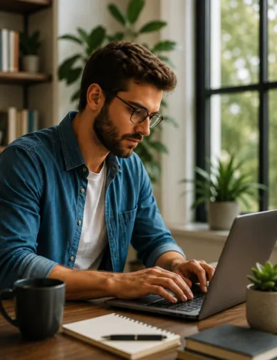 Man focused at laptop
