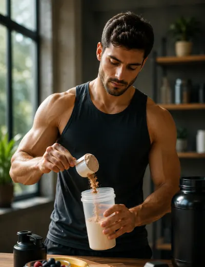 Muscular man holding dumbbell
